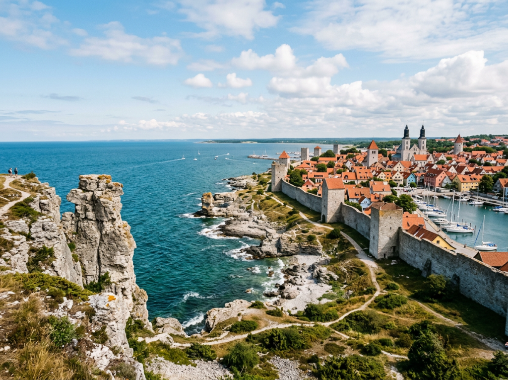 Medieval walled town with orange rooftops by rocky sea coast and blue water