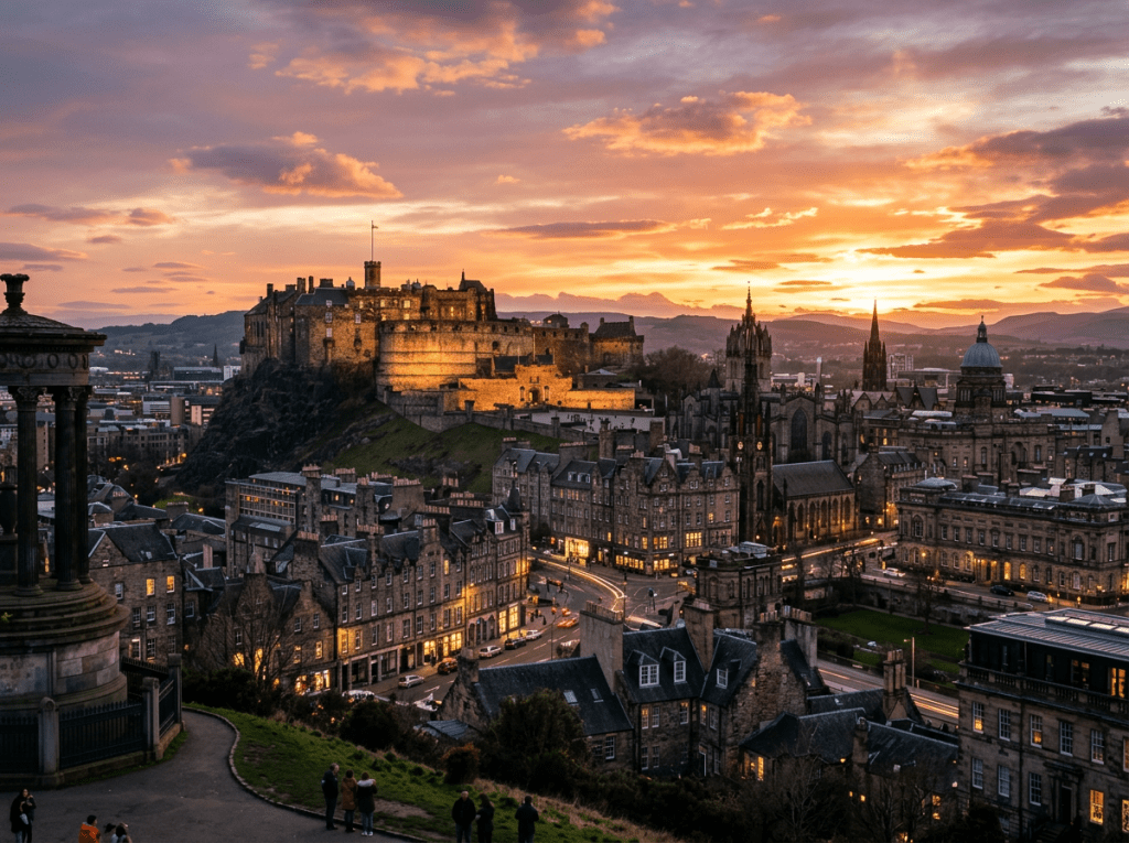 Edinburgh Castle lit up at sunset with city buildings in foreground