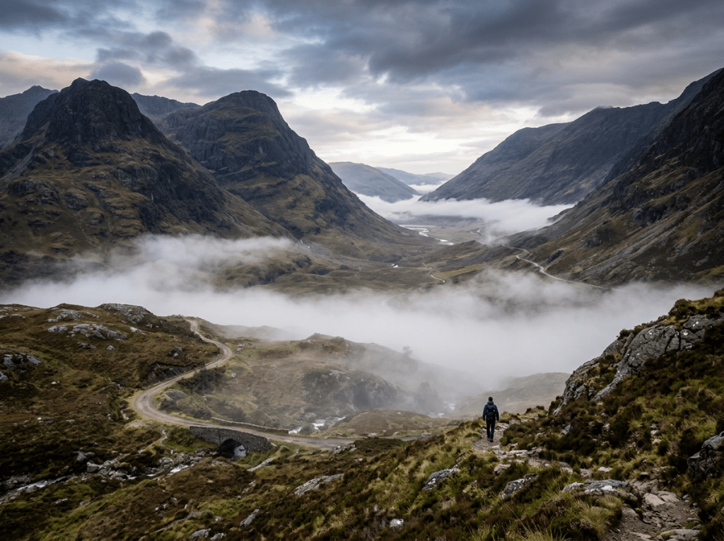 Hiker walking on a rocky mountain path with mist in a deep valley