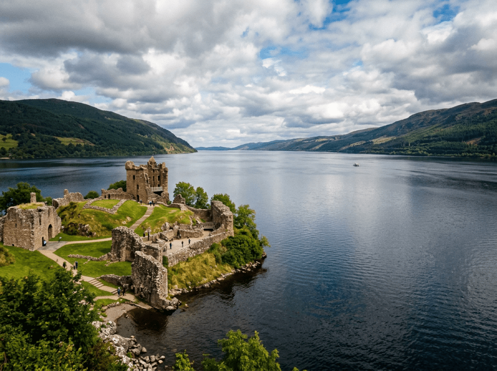 Ruins of a stone castle on a green promontory beside a large calm lake with hills in the background