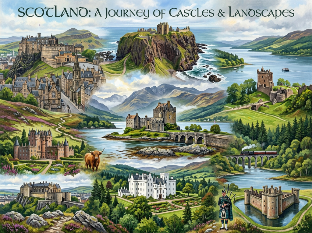 Collage of Scottish castles, landscapes, a highland cow, bagpiper, and a steam train over a viaduct