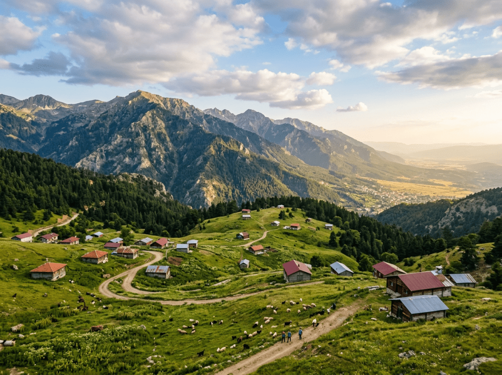 Mountain village with small houses, winding dirt roads, grazing sheep and goats, and forested mountains under a partly cloudy sky