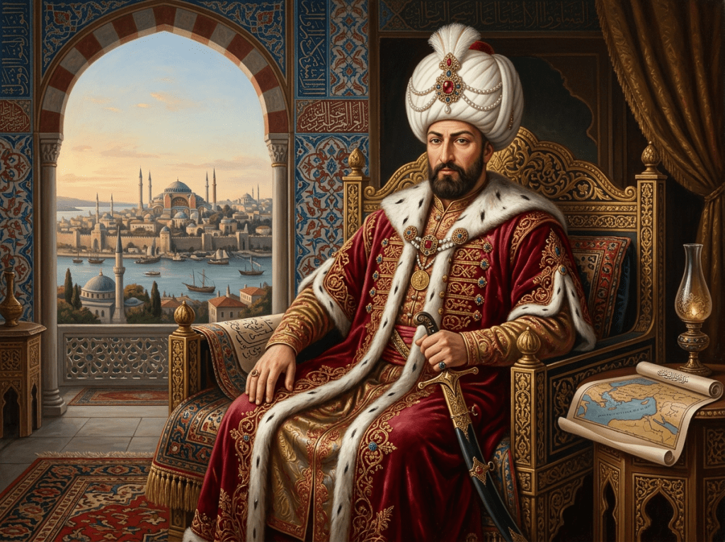 Ottoman Sultan seated in ornate chair wearing a jeweled turban and red robe with a map and oil lamp nearby