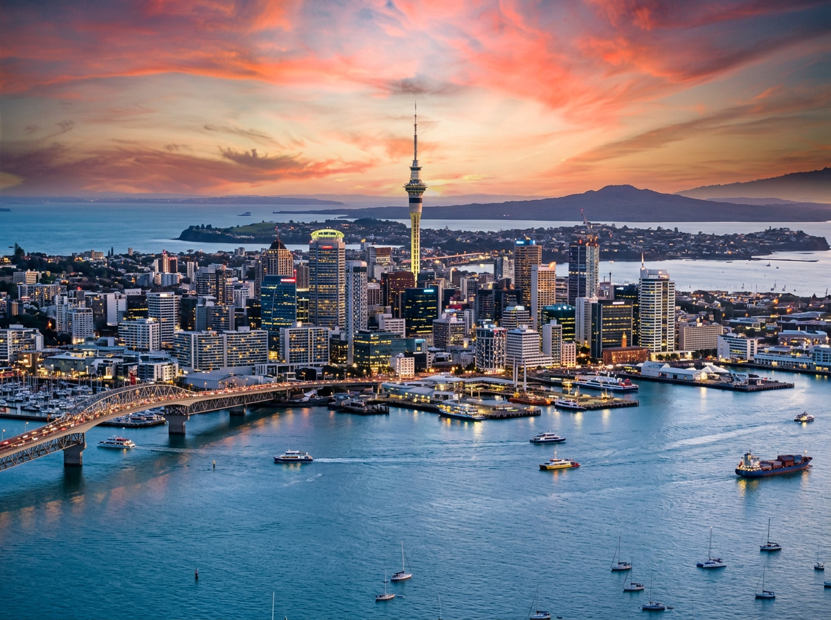 Auckland city skyline with Sky Tower, harbor, boats, and sunset colors