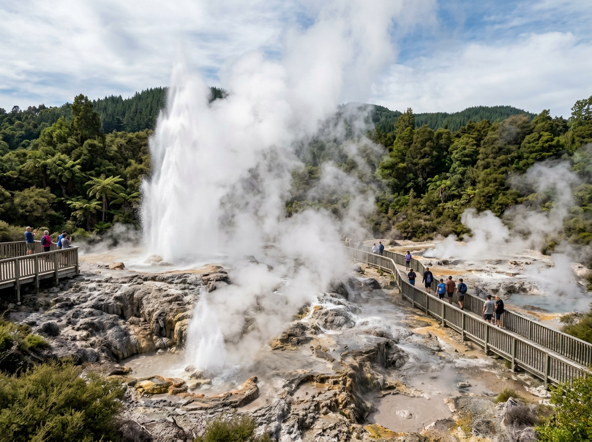Multiple geysers erupting steam and water in a geothermal area with people walking on wooden boardwalks