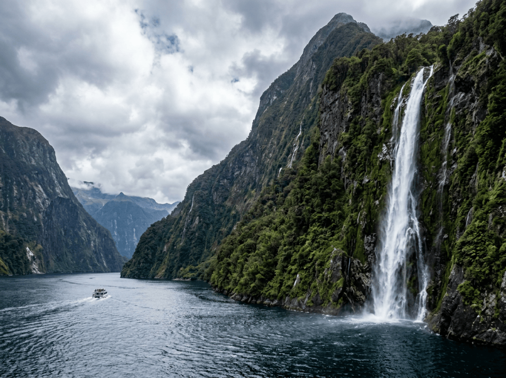 Boat on fjord with steep cliffs and large waterfall
