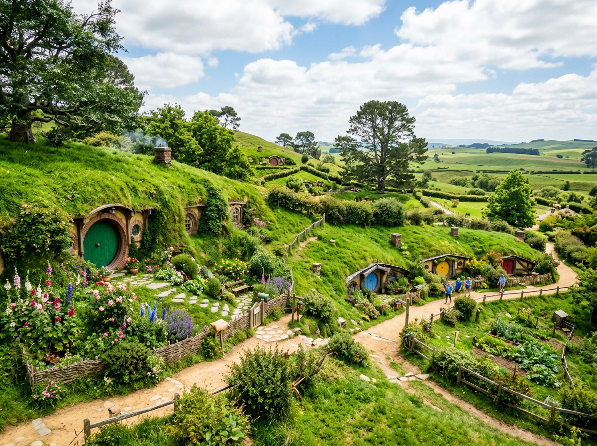 Colorful hobbit holes with green roofs and gardens in the Hobbiton movie set, surrounded by lush greenery and visitors walking on paths