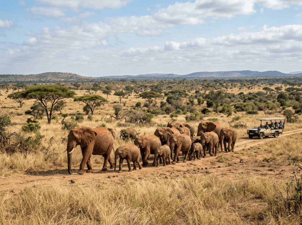 Herd of elephants walking along a dirt road with a safari vehicle nearby