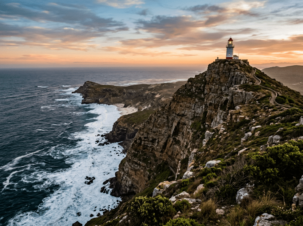 Lighthouse on cliff above ocean during sunset with waves crashing below