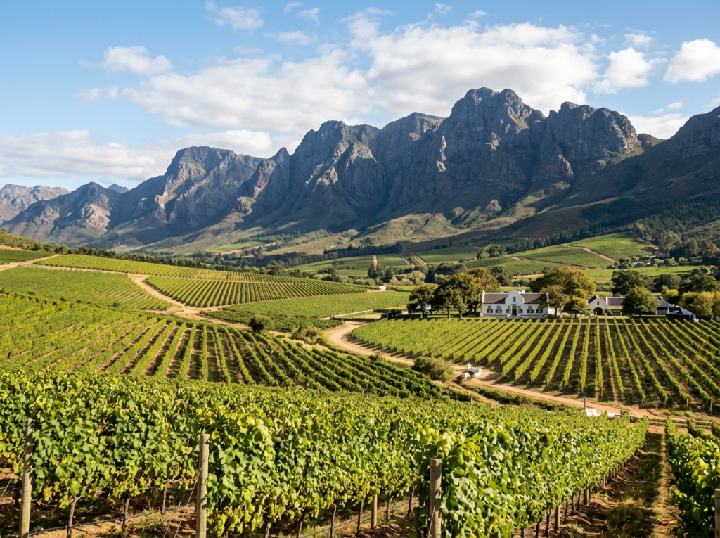 Vineyard rows with white farm buildings and rocky mountains in background