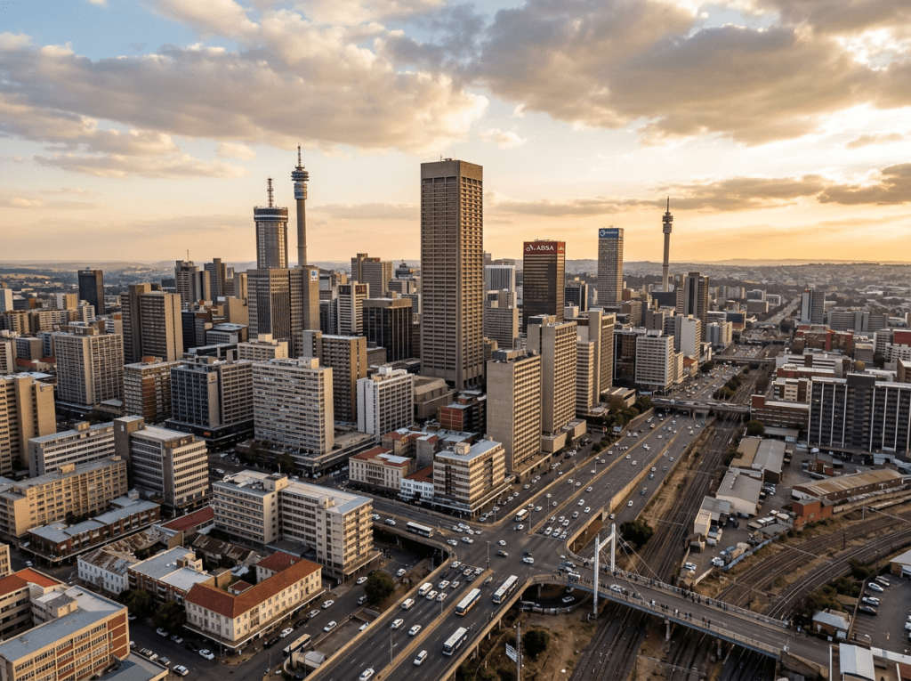 Aerial view of Johannesburg skyline with roads, buildings, and sunset sky