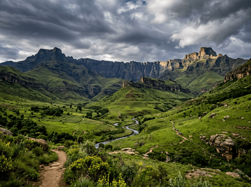 Green valley with winding river and hikers near Drakensberg mountain range under cloudy sky