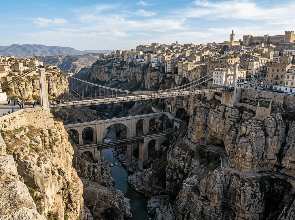 Three bridges spanning a rocky gorge with a river below, connecting old stone buildings