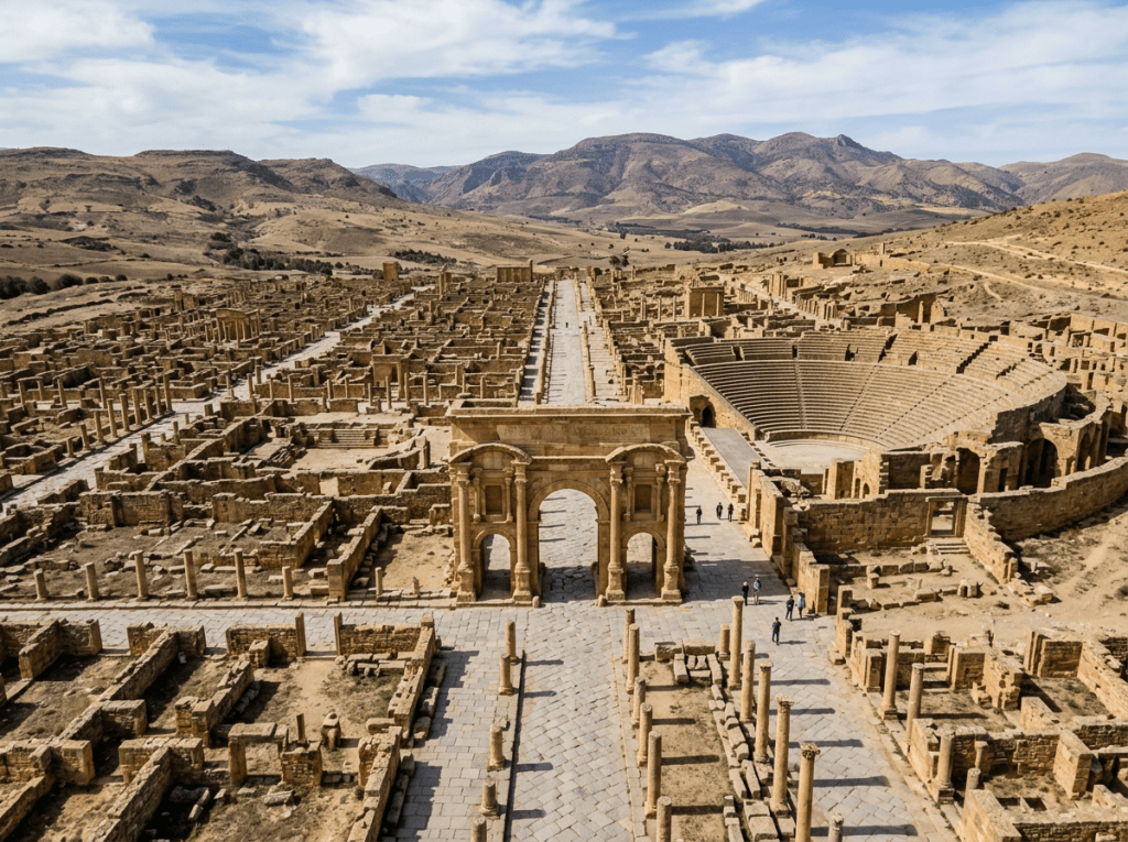 Aerial view of ancient Roman city ruins showing streets, columns, a triumphal arch, and a semi-circular theater