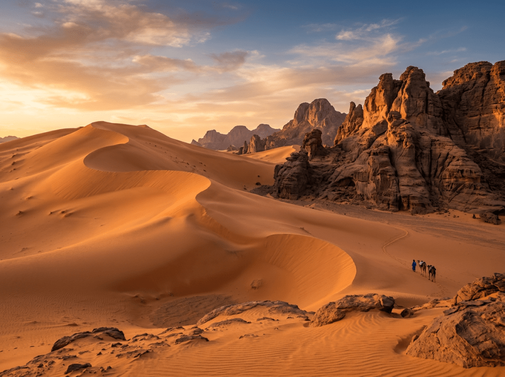 Sand dunes and rocky cliffs in desert with caravan of camels and person walking