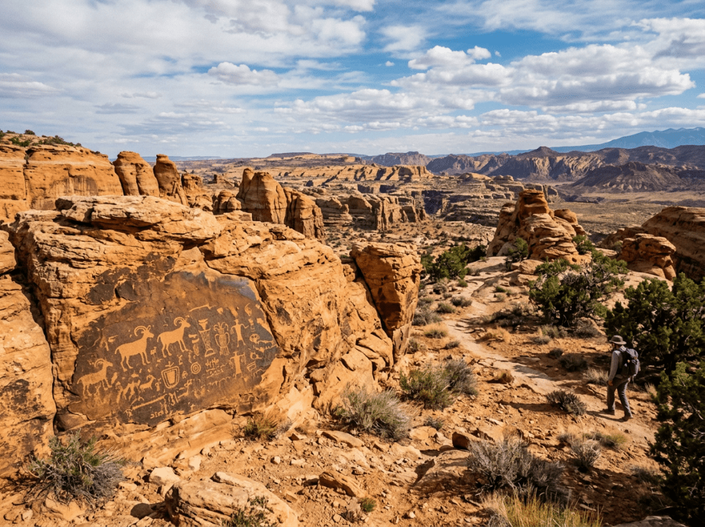 Ancient petroglyphs on a large rock face in a desert landscape with a hiker walking nearby