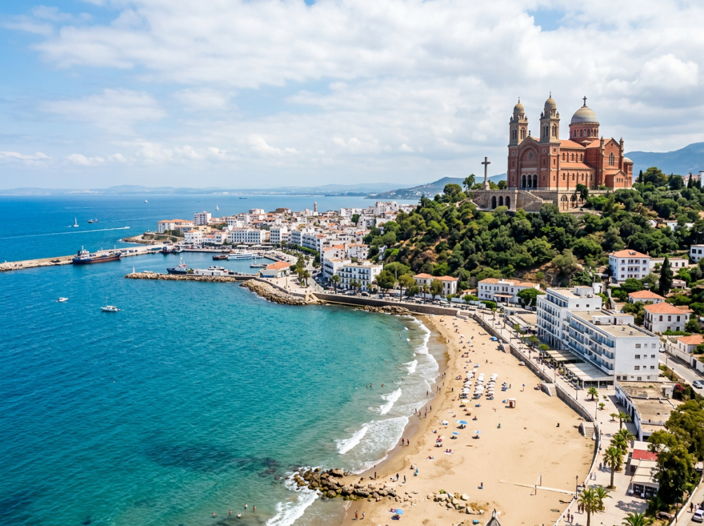 Coastal city with sandy beach, turquoise water, and basilica on hill