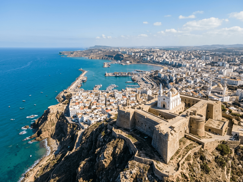 Historic fortress on rocky coastline overlooking harbor, boats, and city buildings