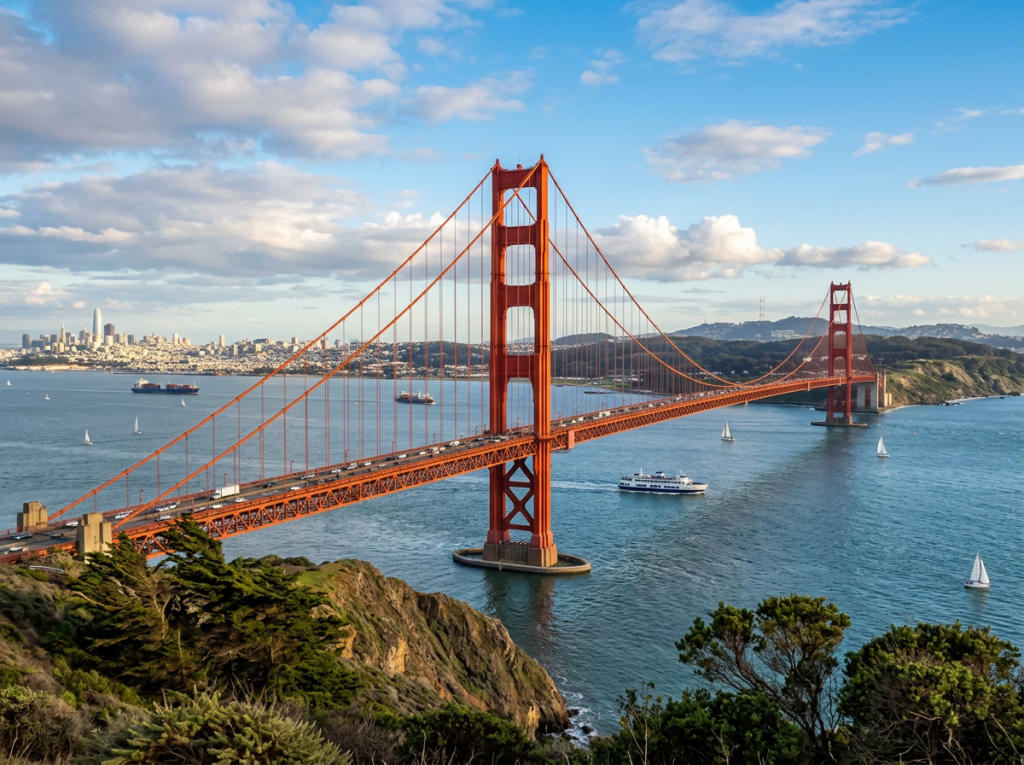 Golden Gate Bridge over San Francisco Bay with boats and cityscape