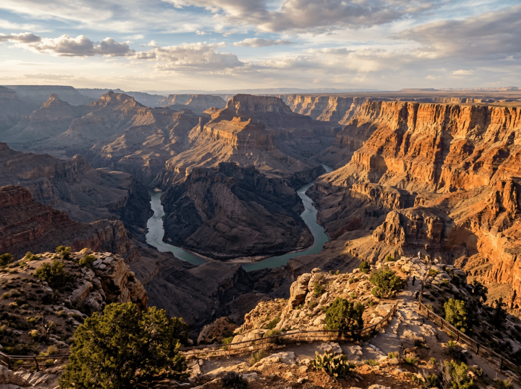 View of the Colorado River winding through the Grand Canyon under a partly cloudy sky