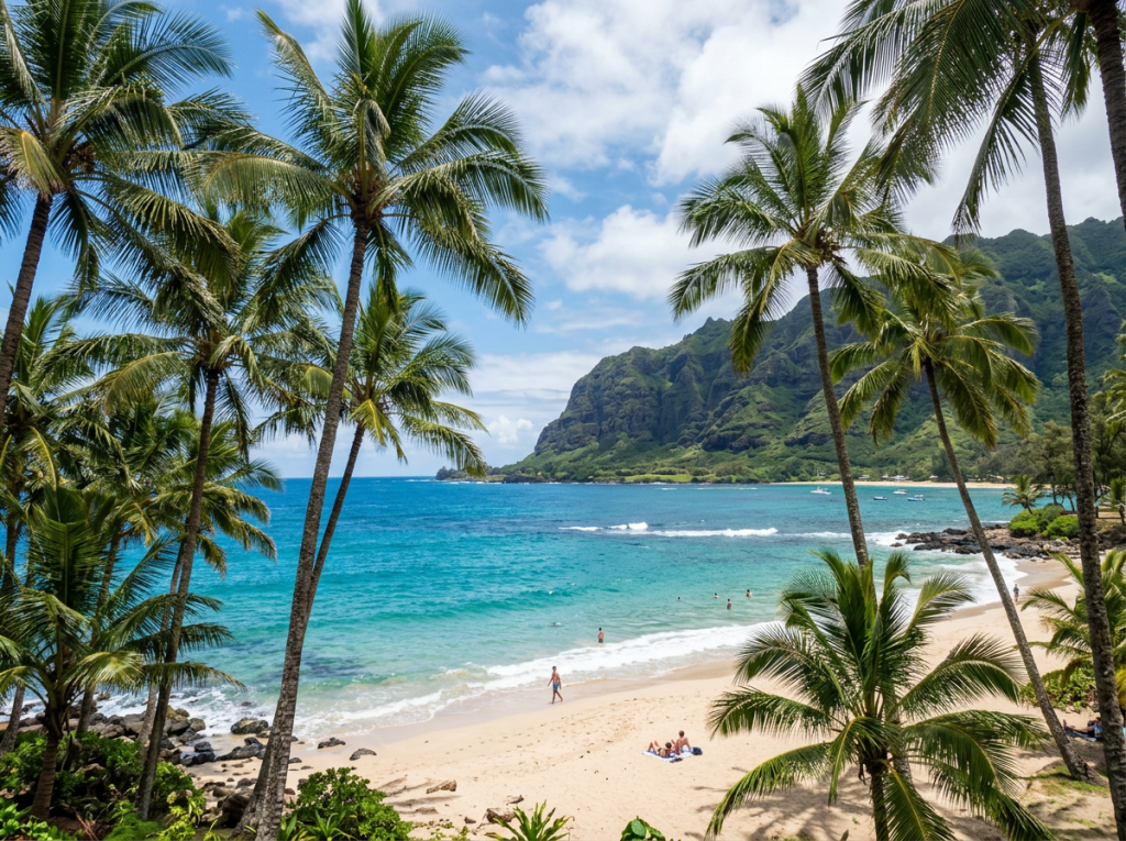 Tropical beach with people on sand, palm trees, blue ocean, and green mountains in background