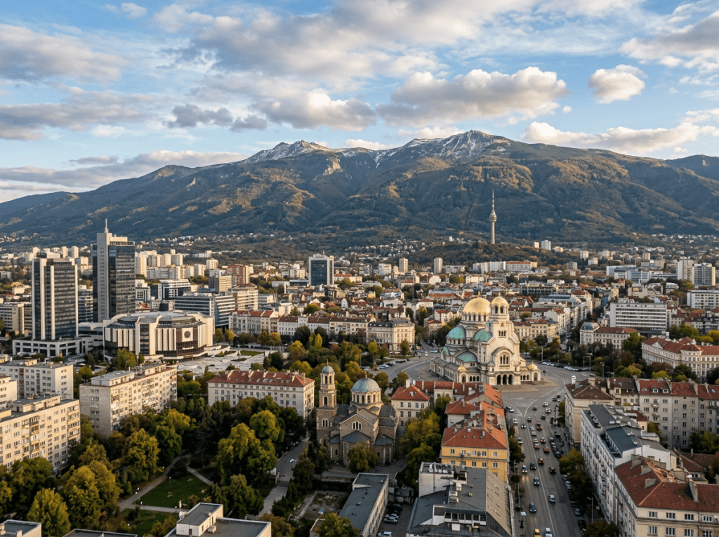 Aerial view of Sofia city showing Alexander Nevsky Cathedral, buildings, streets, and Vitosha mountain