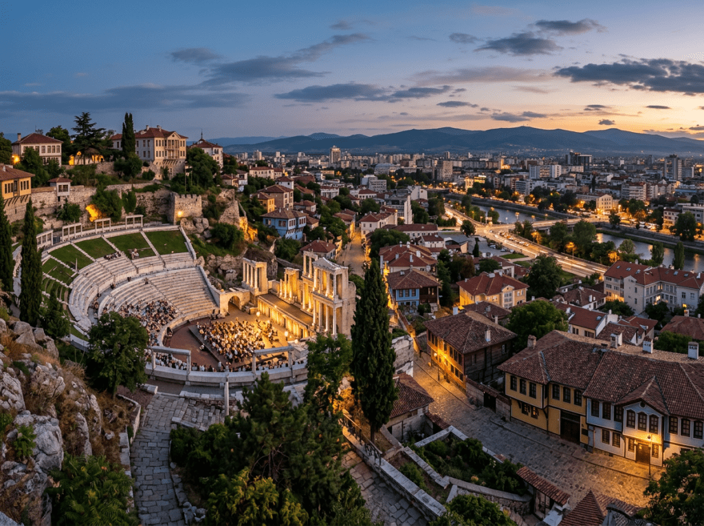 Roman theater with illuminated stage and audience at dusk in a city setting