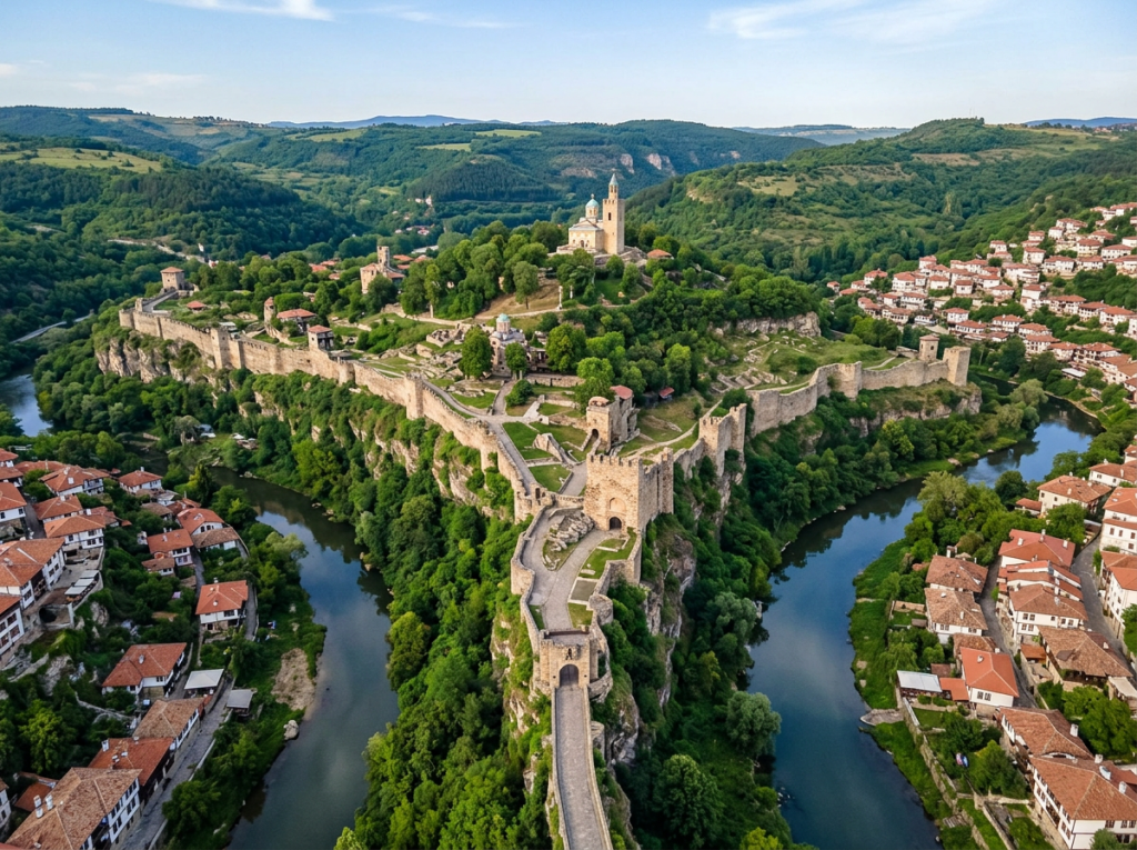 A medieval fortress on a hilltop surrounded by a winding river and green trees with nearby village houses