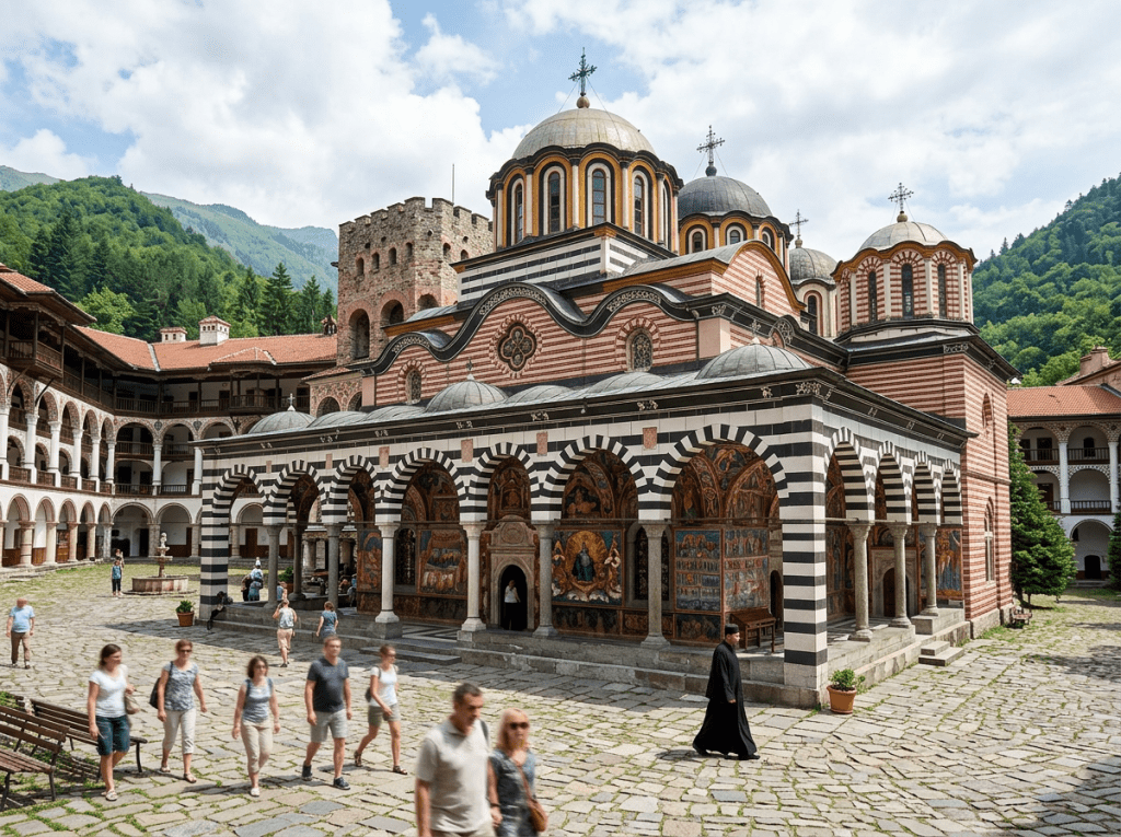 Rila Monastery courtyard with visitors and frescoed church walls under partly cloudy sky