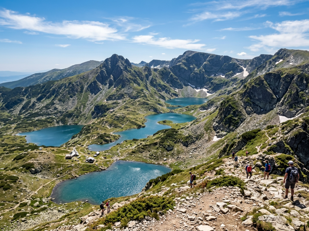 Hikers walking on rocky path near several blue mountain lakes surrounded by rugged peaks