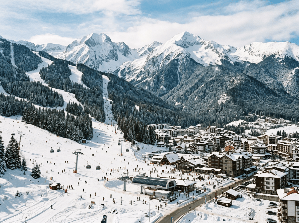 Skiers on snowy slopes with chairlifts and mountain village