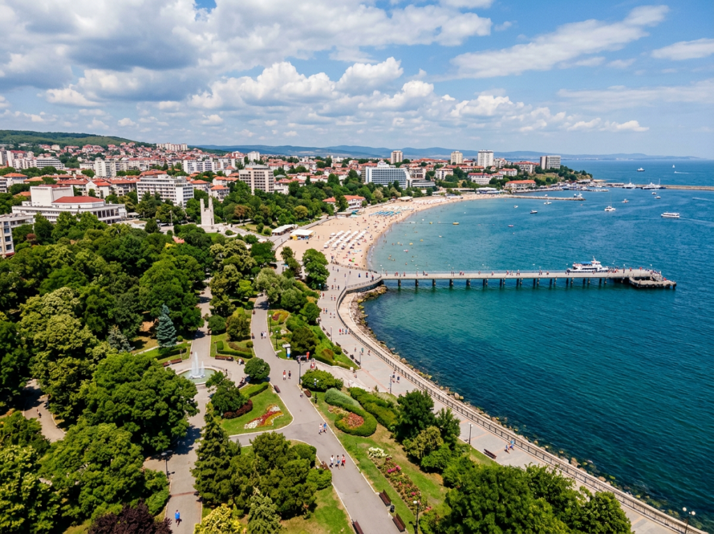 A coastal city with beachfront, pier extending into blue sea, and lush park