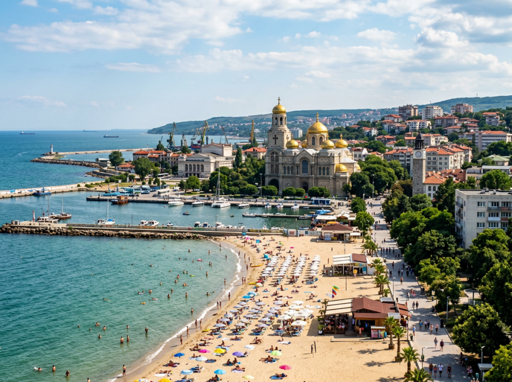 Beach with people swimming and sunbathing next to a marina and golden-domed cathedral