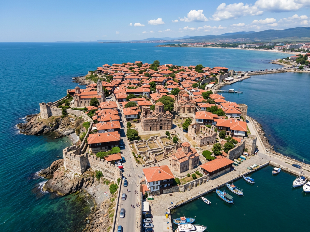 Historic coastal town with red roofs and ancient stone churches on a rocky peninsula
