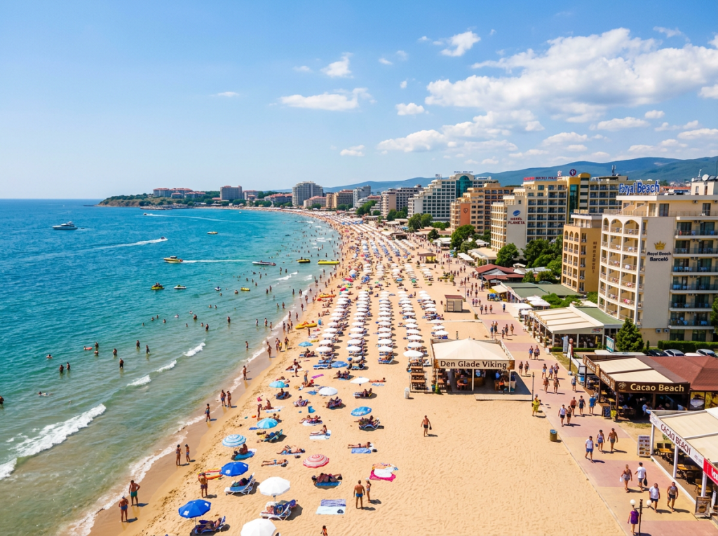 Crowded sandy beach with people sunbathing and swimming along a coastline lined with hotels
