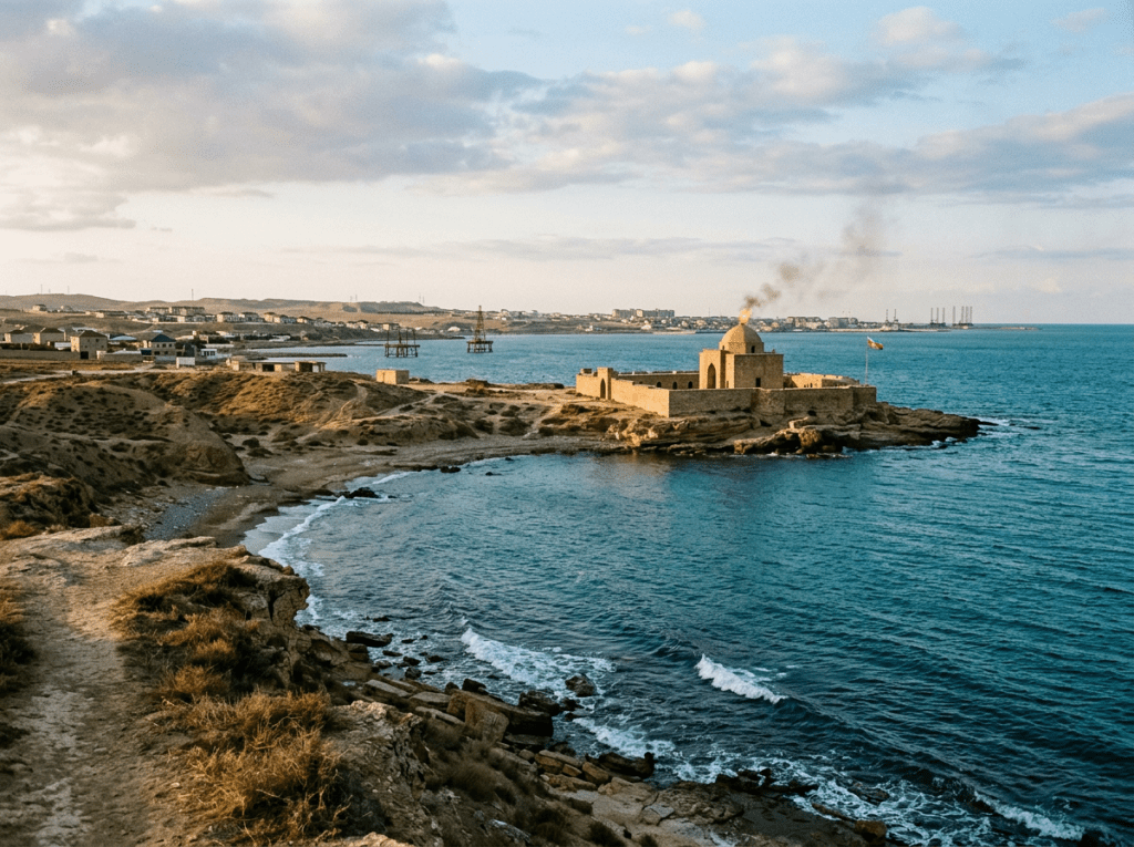 Stone mausoleum with smoke rising by the sea on a rocky coastline
