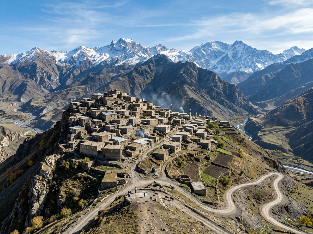 Stone village on mountain ridge with winding road and snowy peaks behind