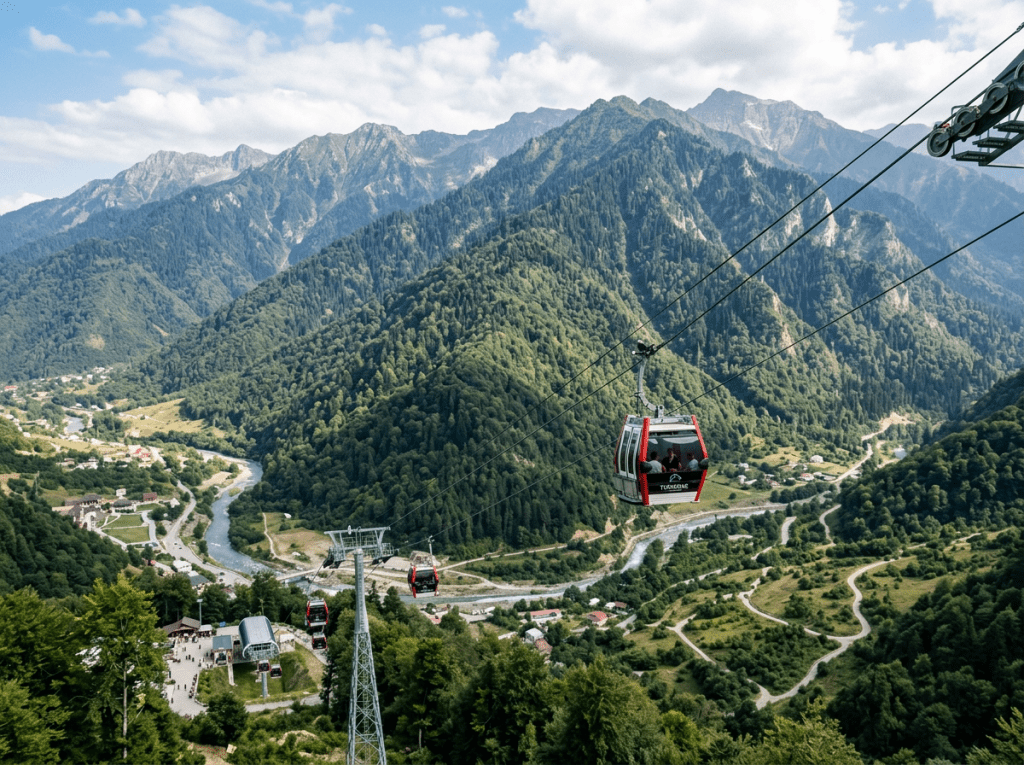 Red and white cable cars suspended over a green mountain valley with a river and winding roads