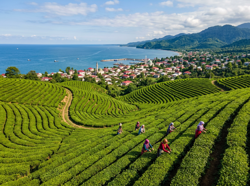 People picking tea leaves on green hills with a coastal town and sea in the background