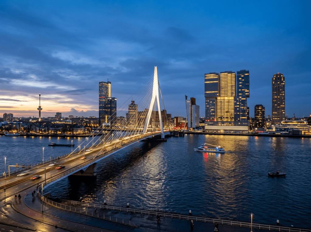 Erasmus Bridge illuminated at dusk with Rotterdam skyline and river traffic