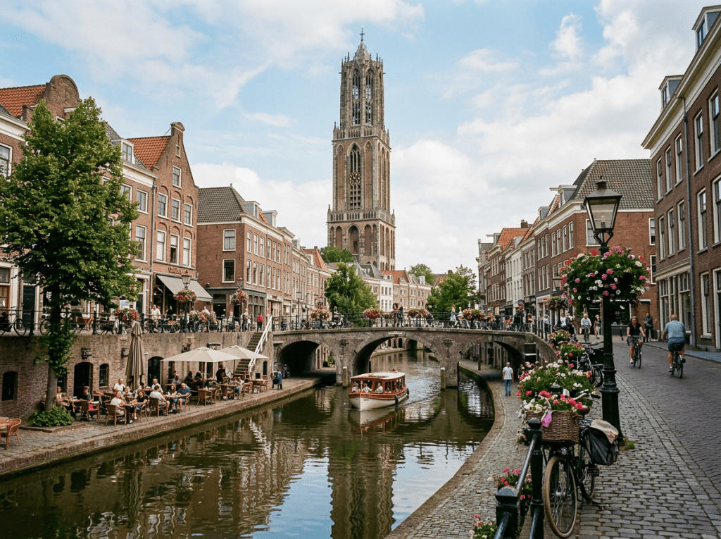 Canal with bridge and boat in Utrecht, Netherlands with Dom Tower