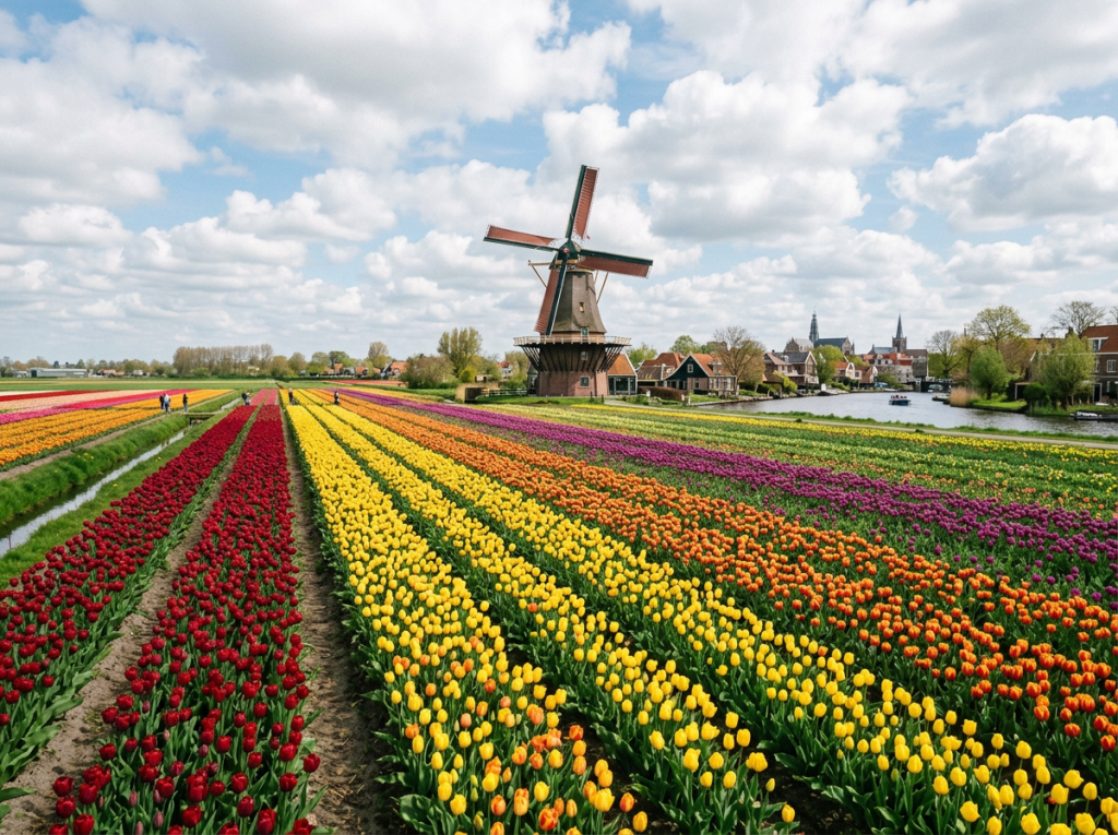 Rows of red, yellow, orange, and purple tulips in a field with a traditional Dutch windmill and village