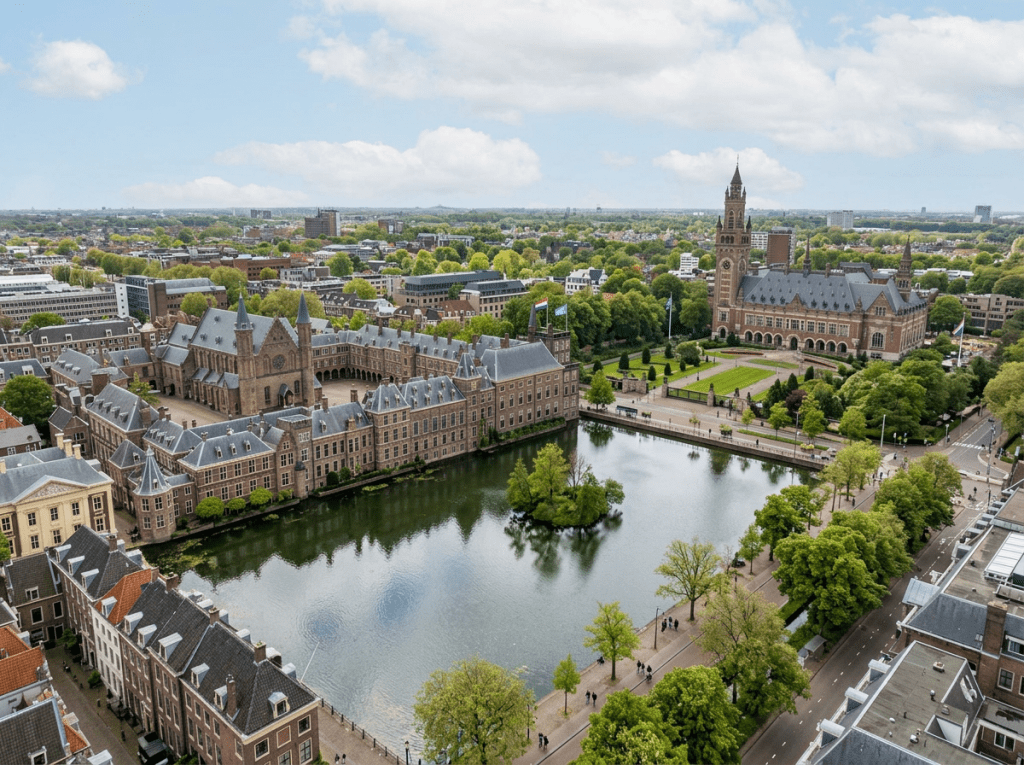 Aerial view of The Hague with Binnenhof complex, reflecting pond, and Peace Palace with clock tower