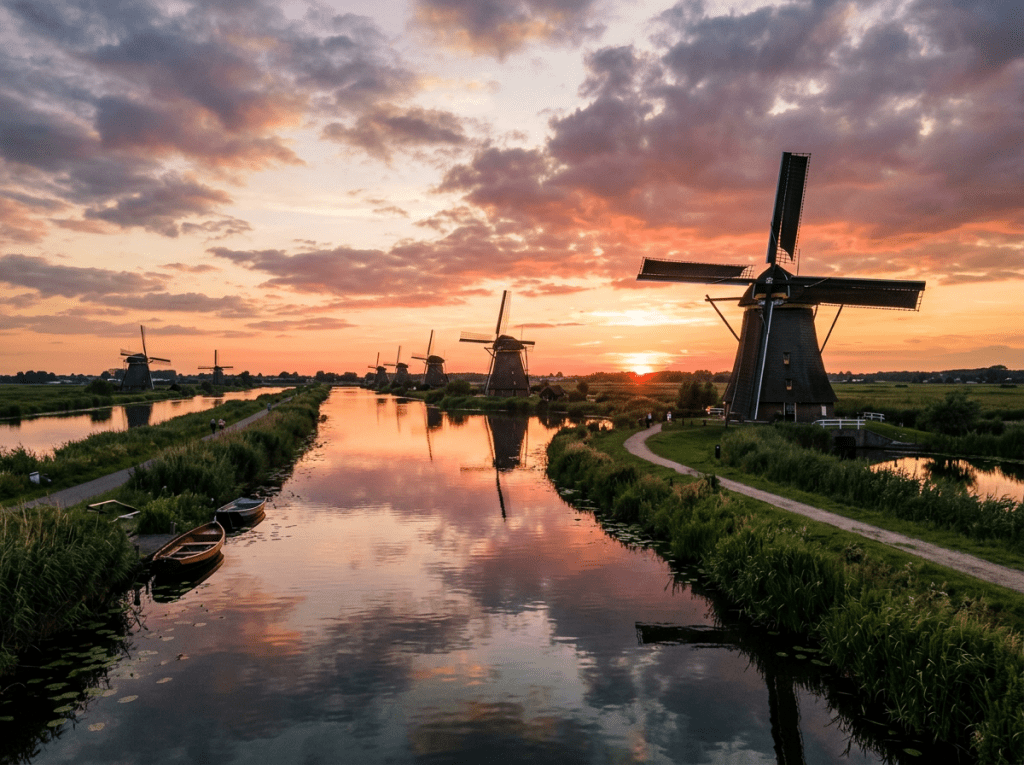 Windmills along a canal reflecting in water at sunset with partly cloudy sky