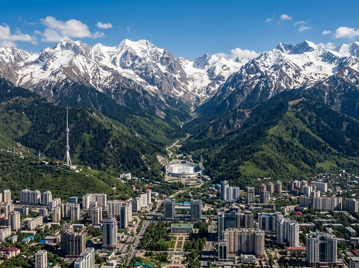 City of Almaty with modern buildings, green hills, and snow-covered mountains in background