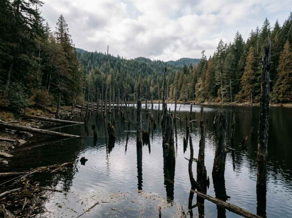 Lake with submerged dead tree trunks and surrounding evergreen forest