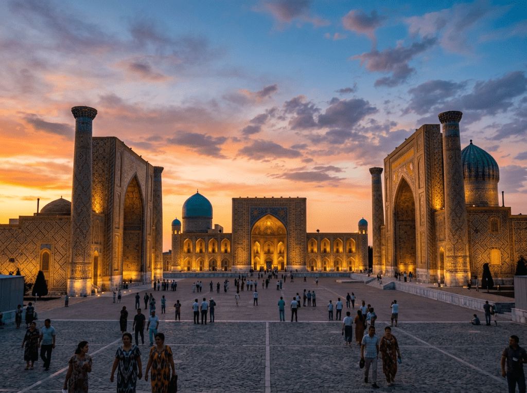 Registan Square in Samarkand with illuminated madrasahs at sunset