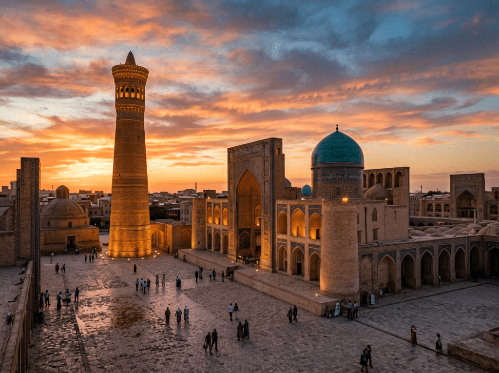 Ancient minaret and mosque with turquoise dome at sunset in Bukhara