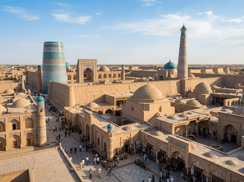 Ancient city of Khiva with blue-tiled towers, mud-brick buildings, and people walking