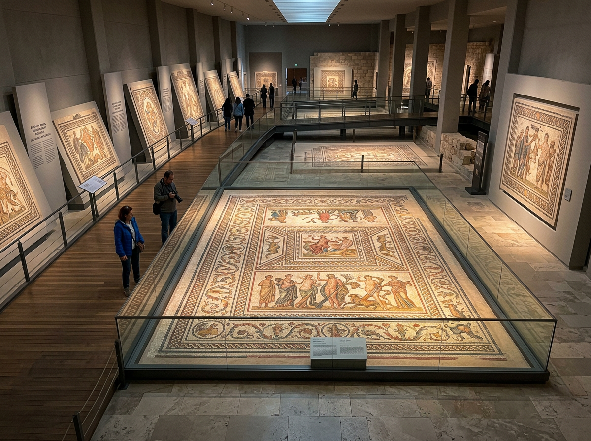 Museum gallery showcasing large ancient mosaic artworks behind glass barriers with visitors walking around